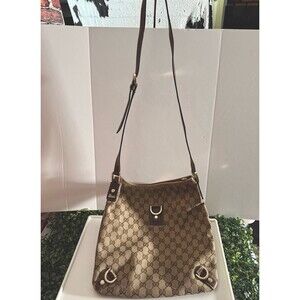 Gucci GG Canvas Brown Messenger Crossbody Bag Leather Trim Gold Hardware Read